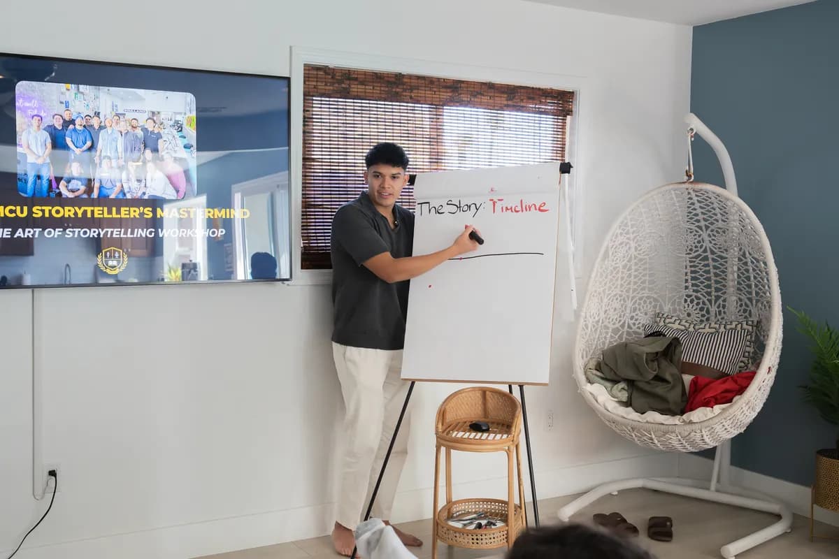 Eliam teaching the Story Timeline framework at the whiteboard
